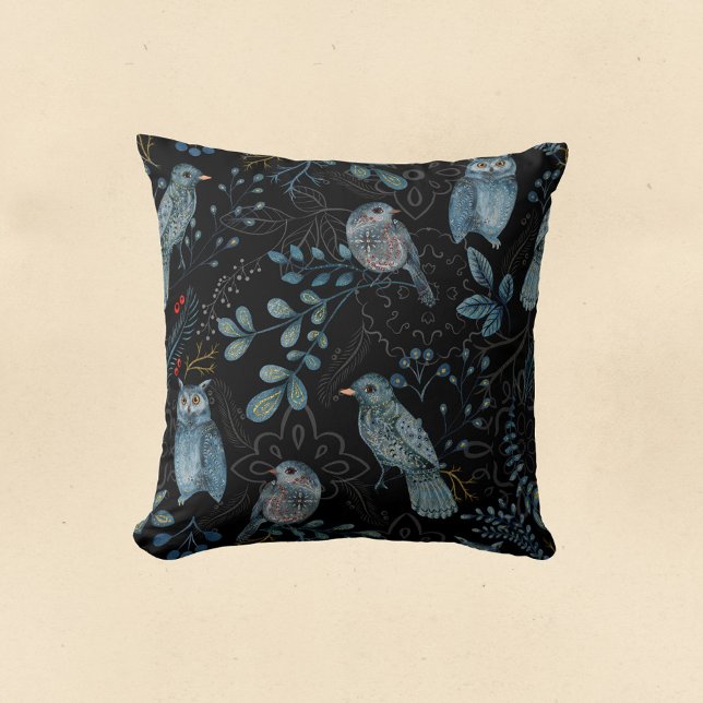 Coussin Hibouc bleu nordique Aquarelle florale (Créateur téléchargé)