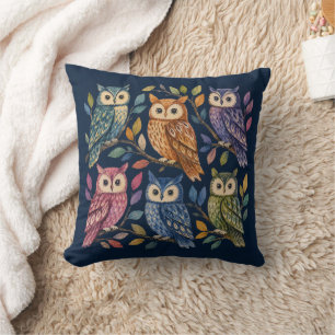 Coussin Hiboux artistiques oiseaux colorés nature forêt