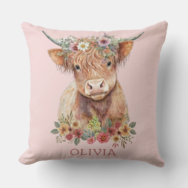 Coussin Highland Cow rose Floral Whimsical mignon fille (Recto)