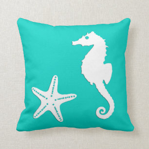 Coussin Hippocampe et étoile de mer - blanc sur turquoise