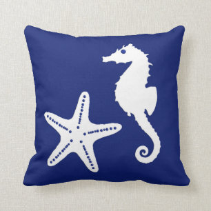 Coussin Hippocampe et étoiles de mer - bleu marine et