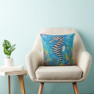 Coussin Hippocampe zèbre à l'aquarelle