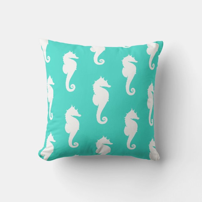 Coussin Hippocampes blancs sur turquoise (Recto)
