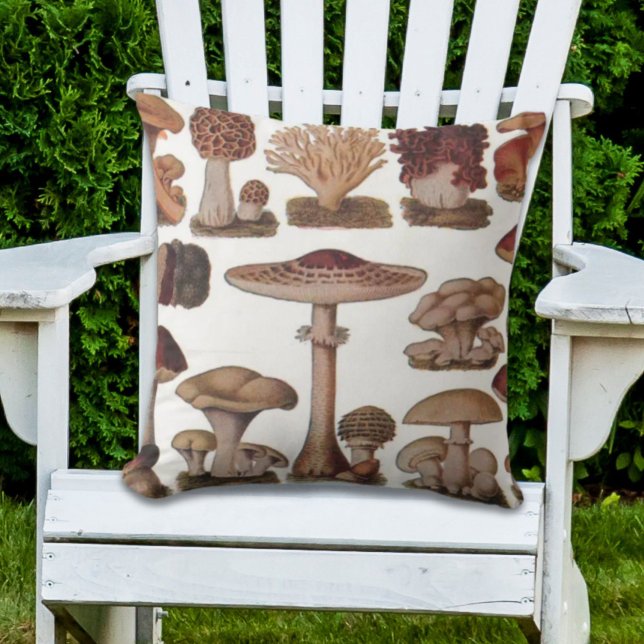 Coussin hipster imprimé botanique français champignons vin (hipster french botanical print vintage mushrooms outdoor pillow)