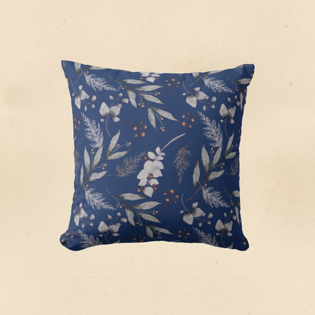 Coussin Hiver Bleu Feuille Berries Pine Festin Aquarelle (Créateur téléchargé)