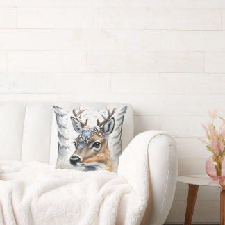 Coussin Hiver Bois Aquarelle Noël Cerf