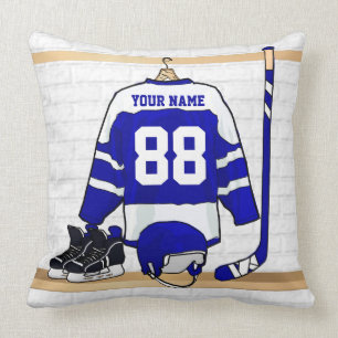 Coussin Hockey sur glace bleu et blanc personnalisé Jerse