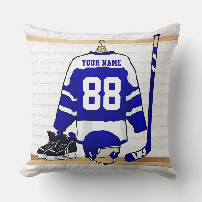 Coussin Hockey sur glace bleu et blanc personnalisé Jersey (Recto)