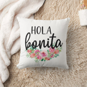 Coussin Hola Bonita Roses espagnoles Typographie Chic Mode