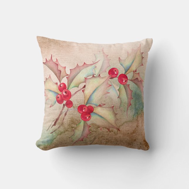 Coussin Holly Berries sur Peach (Recto)