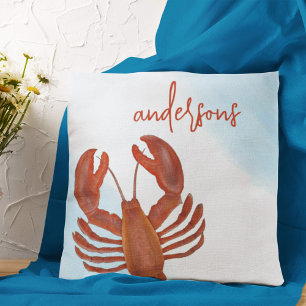 Coussin Homard rouge nautique Nom de famille personnalisé