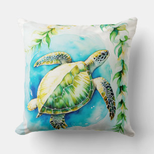 Coussin Honu hawaïen avec plumeria et aquarelle de maïs