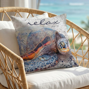 Coussin Honu Hawaiian Sea Turtle Photo Relax Script Bold