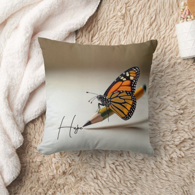 Coussin Hope Text and Monarch Butterfly On a Pencil (Couverture)