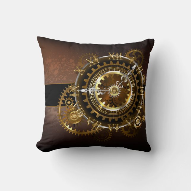 Coussin Horloge Steampunk avec des engrenages anciens (Recto)