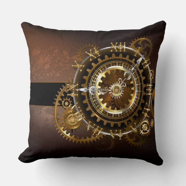 Coussin Horloge Steampunk avec des engrenages anciens (Recto)