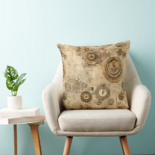 Coussin Horloges et engrenages mécaniques Steampunk Sépia