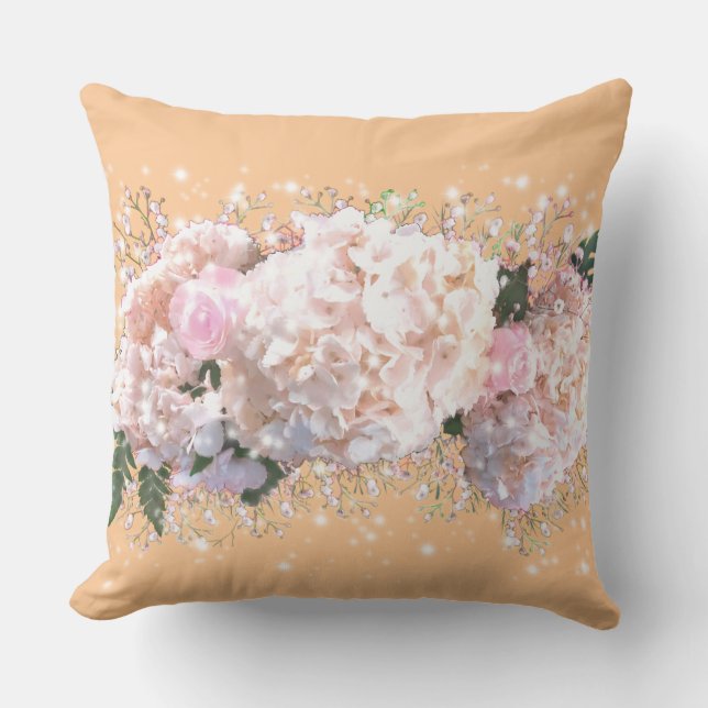 Coussin Hortensias romantiques blancs roses, fleurs blanch (Recto)