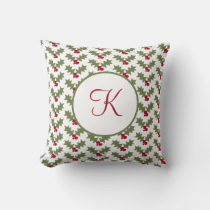 Coussin Houx de Noël avec monogramme Baies Rouges Feuilles