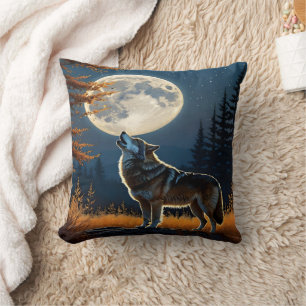 Coussin Howling Wolf Under a Pleine lune at Night