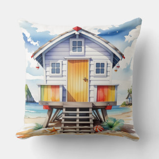 COUSSIN HUTTE DE PLAGE ÉTÉ COLORÉE À L'AQUARELLE