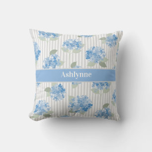 Coussin Hydrangea Bleu Élégant Rayure Grise Vert Sauge Nom