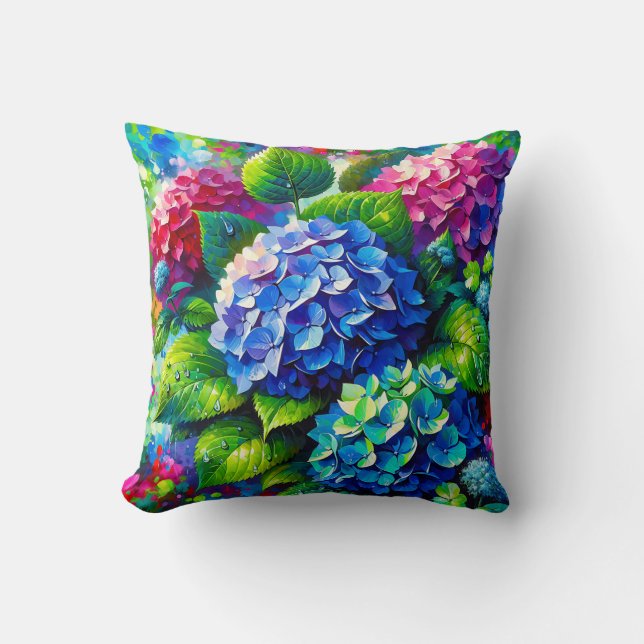 Coussin "Hydrangeas avec Raindrops - Art Floral vibrant" (Recto)