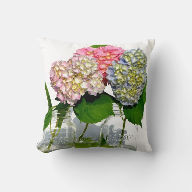Coussin Hydrangeas bleu rose pourpre et jarre Mason (Recto)