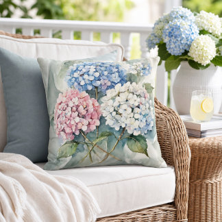 Coussin Hydrangeas Floral Rose Bleu Blanc Botanique