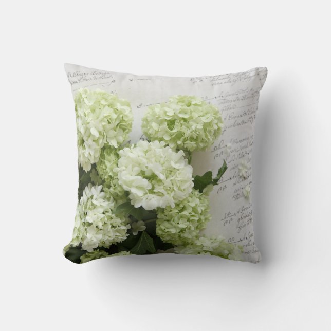 Coussin hydrangées blanches avec écriture de script coussi (Recto)
