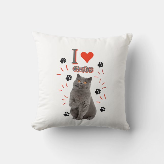 Coussin I ❤️ Cats – Cute Cat & Paw Print Design (Recto)