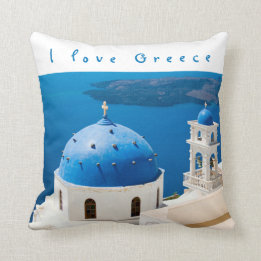 Coussin I love Greece Church Santorini bleu photo et texte