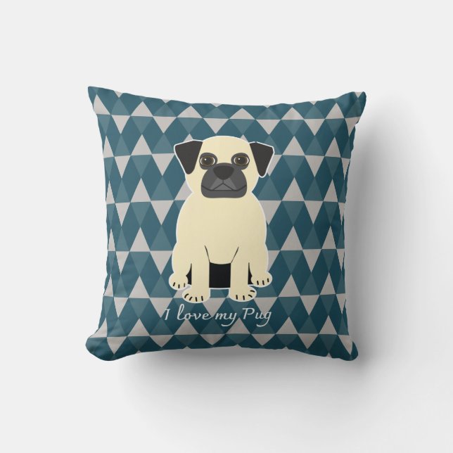 Coussin I love my Pug, Blue diamonds pattern (Recto)