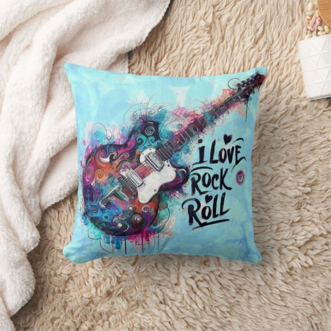 Coussin I Love Rock N Roll Guitare Électrique Peinture (Couverture)