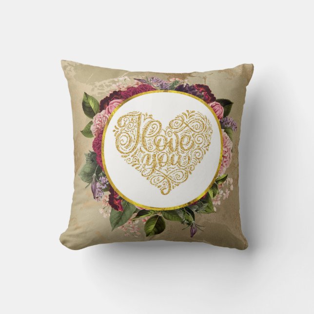 Coussin I Love You Fancy Golden Ornate Heart avec FloralsI (Recto)