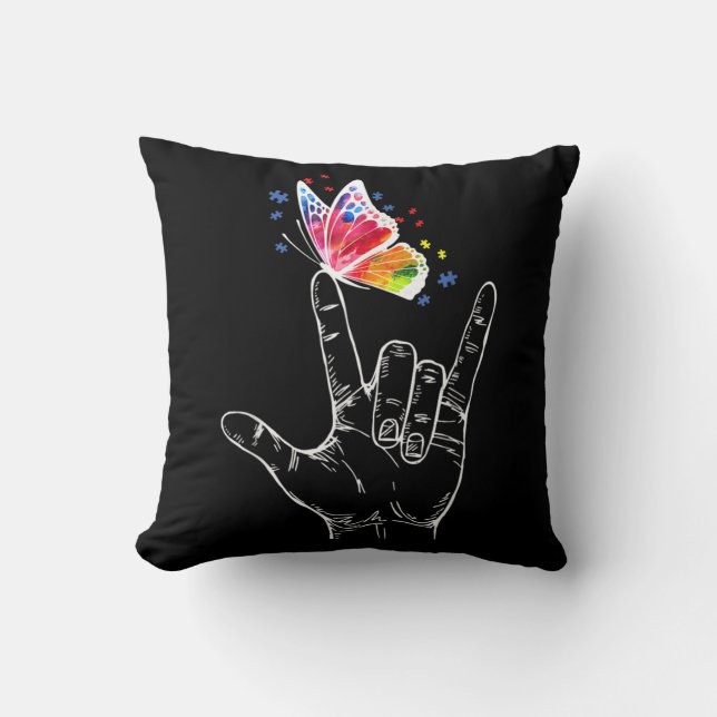 Coussin I Love You Hand Sign Language Butterfly Autism (Recto)