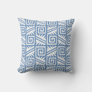 Coussin Ikat Aztèque Tribal - Bleu Ciel et Blanc
