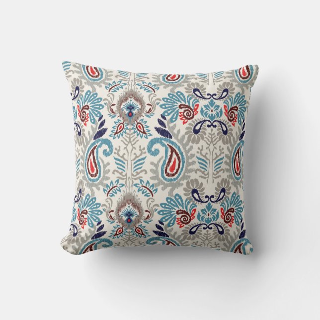 Coussin Ikat Boho Navy Blue Turquoise Paisley Design (Recto)