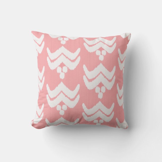 Coussin Ikat stylisé floral - corail rose et blanc (Recto)