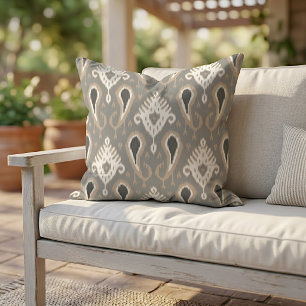 Coussin Ikat Tribal Art Brun Taupe Gris Clair Neutre