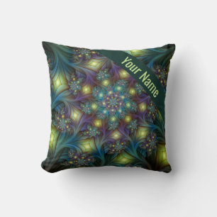 Coussin Illuminé bleu violet moderne Fractal Art Nom