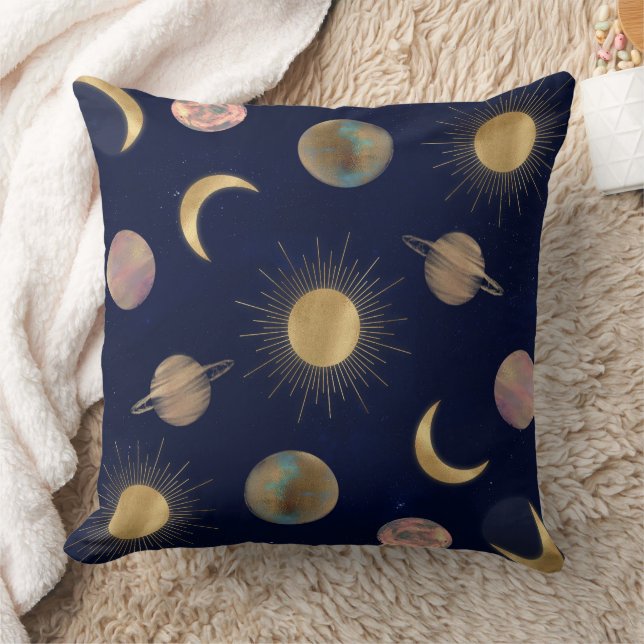 Coussin Illustration Blue Gold Sun Moon Planètes Space (Couverture)