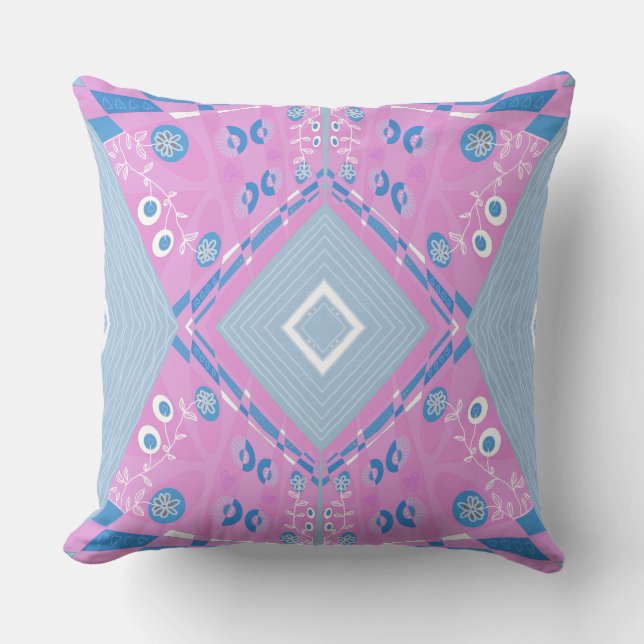 Coussin Illustration Bohème Chintz bleu rose blanc (Recto)