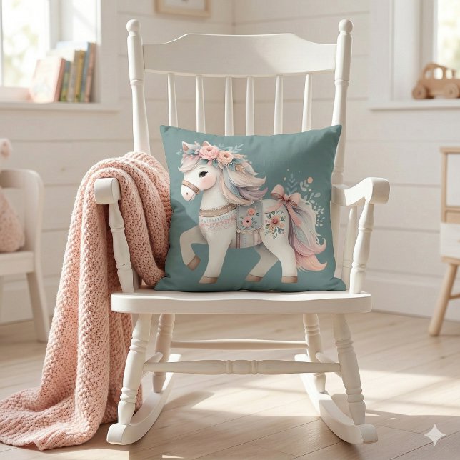 Coussin Illustration de cheval de fantaisie aux couleurs p (Floral Pastel Horse Fantasy Illustration Throw Pillow Mockup A)