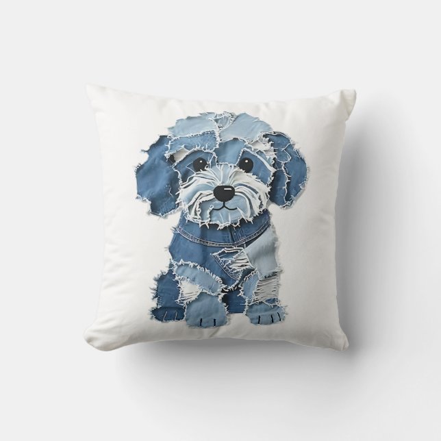 Coussin Illustration de chien en patchwork de denim mignon (Recto)