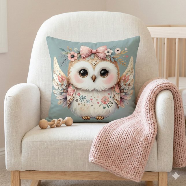 Coussin Illustration de chouette kawaii bohème (Kawaii Boho Owl Illustration Blue Throw Pillow Mockup A)