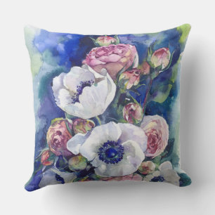 Coussin Illustration de fleurs à l'aquarelle anémones rose