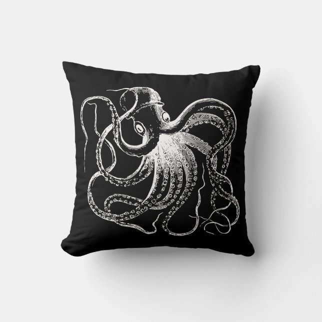 Coussin Illustration de pieuvre Vintage noire et blanche (Recto)
