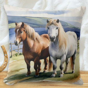 Coussin Illustration de poney Shetland à l'aquarelle