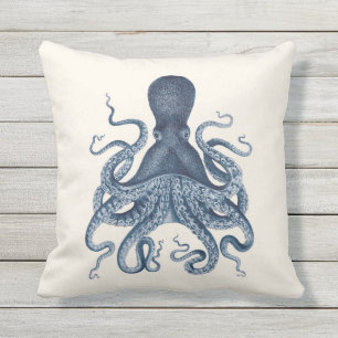 Coussin Illustration de poulpe de bleu marine sur la crèm